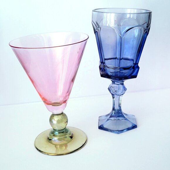 Retro Mis Matched Drinking Glass Set Vintage Post Modern Home Decor Unique Wine - Picture 4 of 7